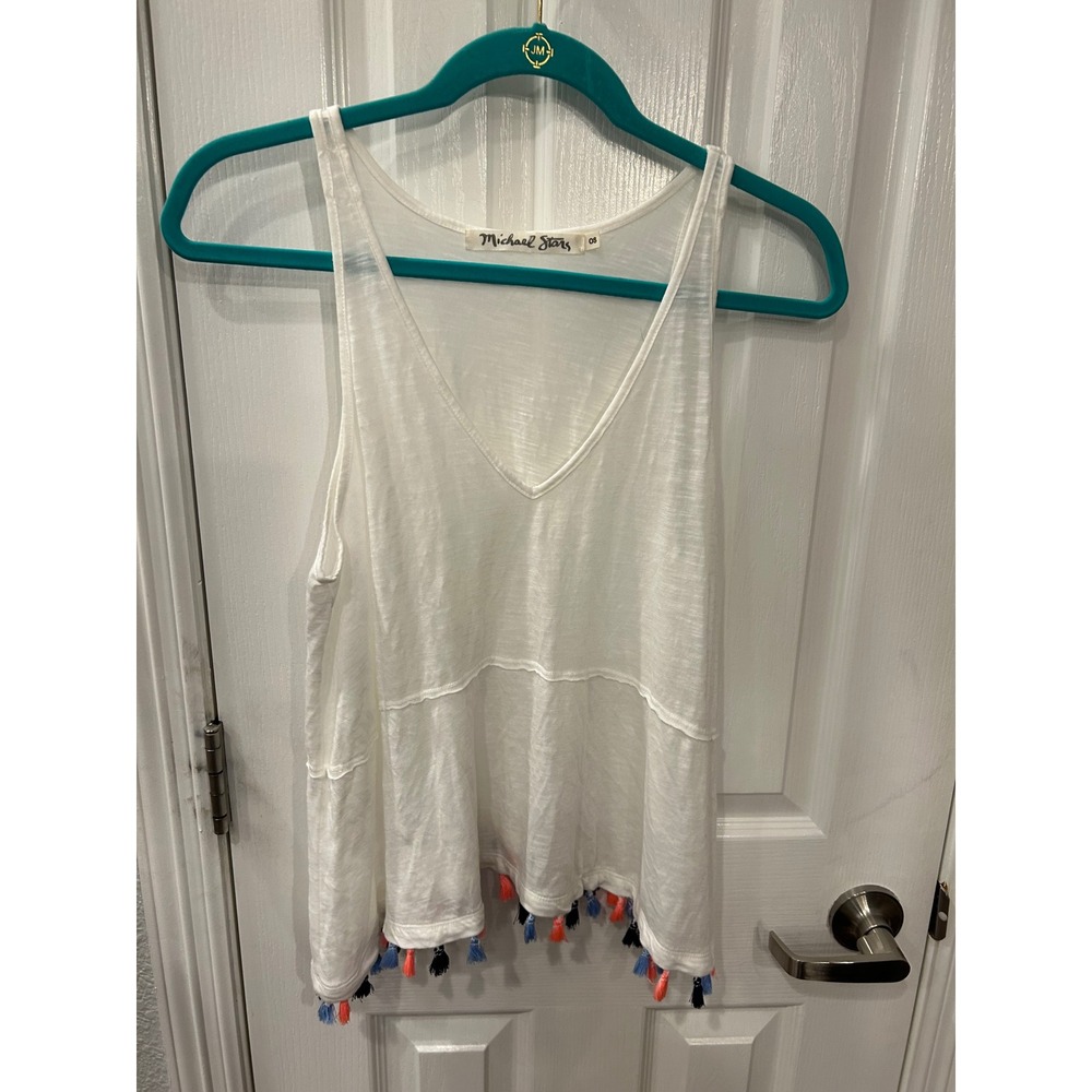 Michael Stars Tank Top White V-Neck Tassel Hem Slub Knit Boho Sleeveless Tee OS